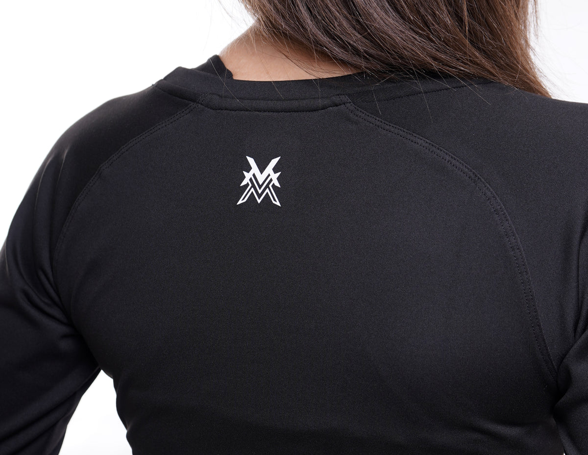 Women's VAN MILE Essential Cropped Long Sleeve Shirt in Black – back logo detail