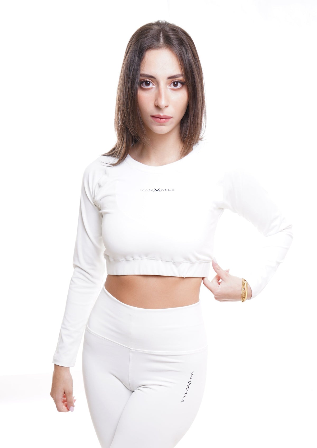 Women's VAN MILE Essential Cropped Long Sleeve Shirt in White – front view