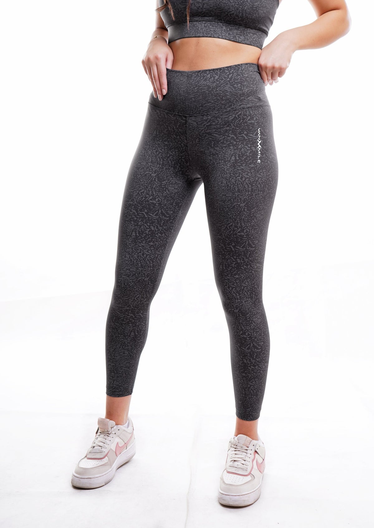 Women's VAN MILE Journey Leggings in Grey – angled front view