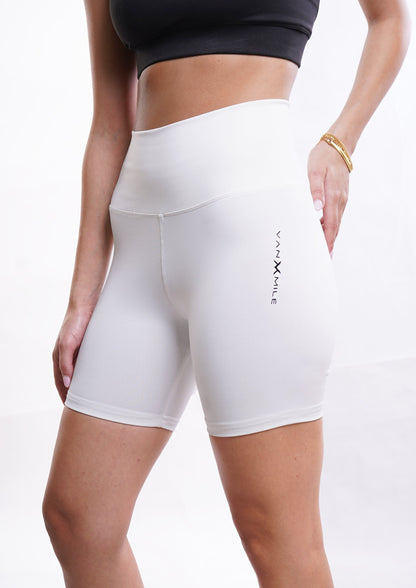 Women's VAN MILE Essential Biker Shorts in White – angled front view
