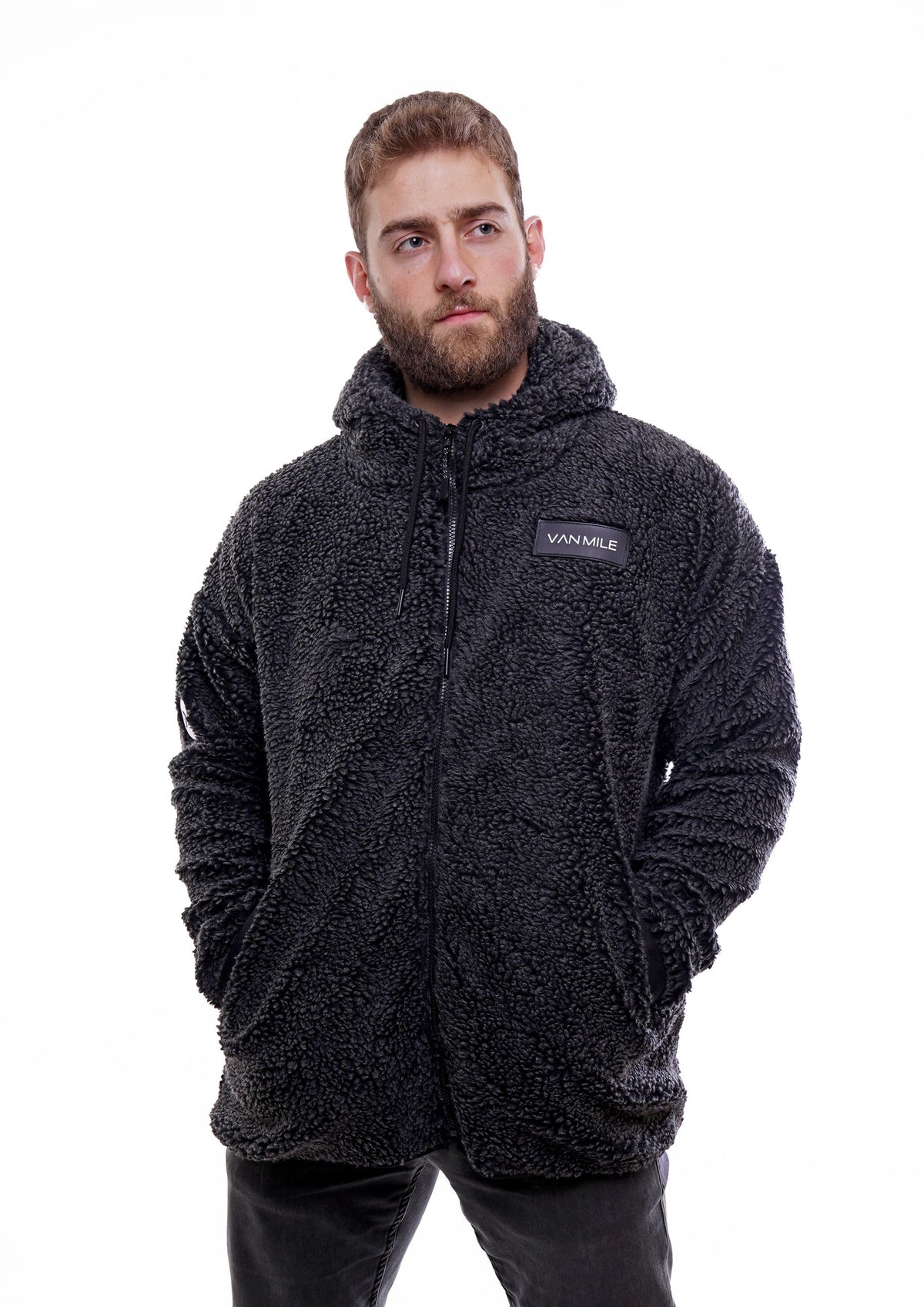 Men's VAN MILE LIMITED Edition Arctic Oversized Teddy Jacket in Black – front view