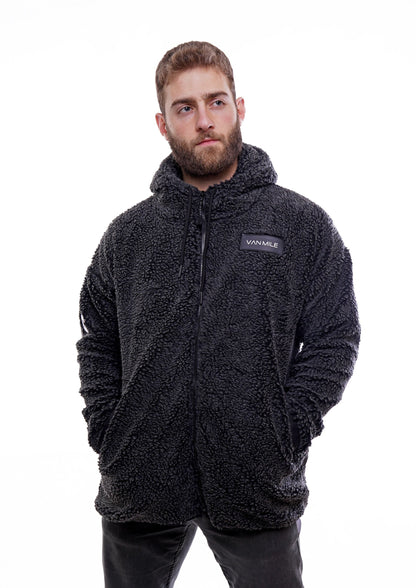 Men's VAN MILE LIMITED Edition Arctic Oversized Teddy Jacket in Black – front view