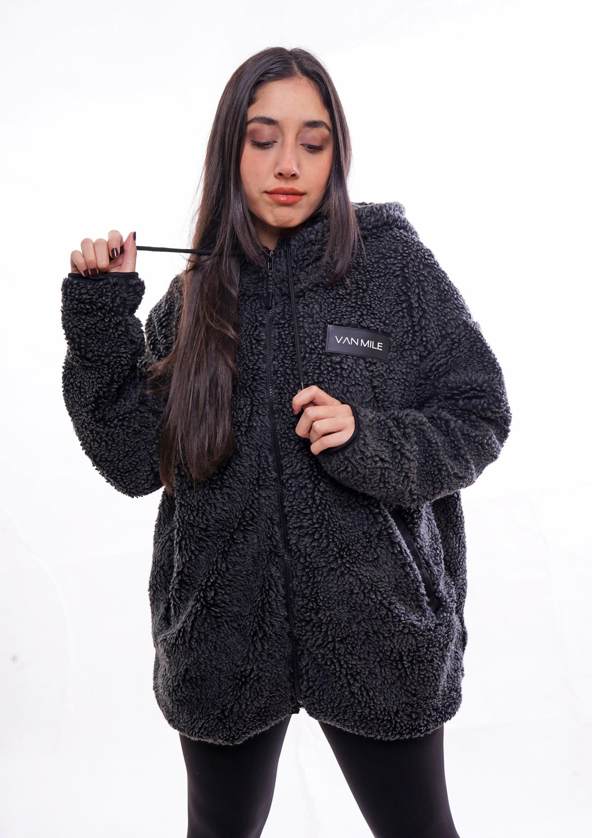 Women's VAN MILE LIMITED Edition Arctic Oversized Teddy Jacket in Black – front view, zipped