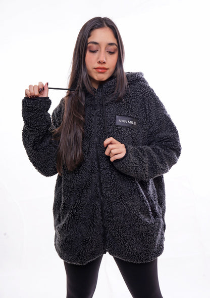 Women's VAN MILE LIMITED Edition Arctic Oversized Teddy Jacket in Black – front view, zipped