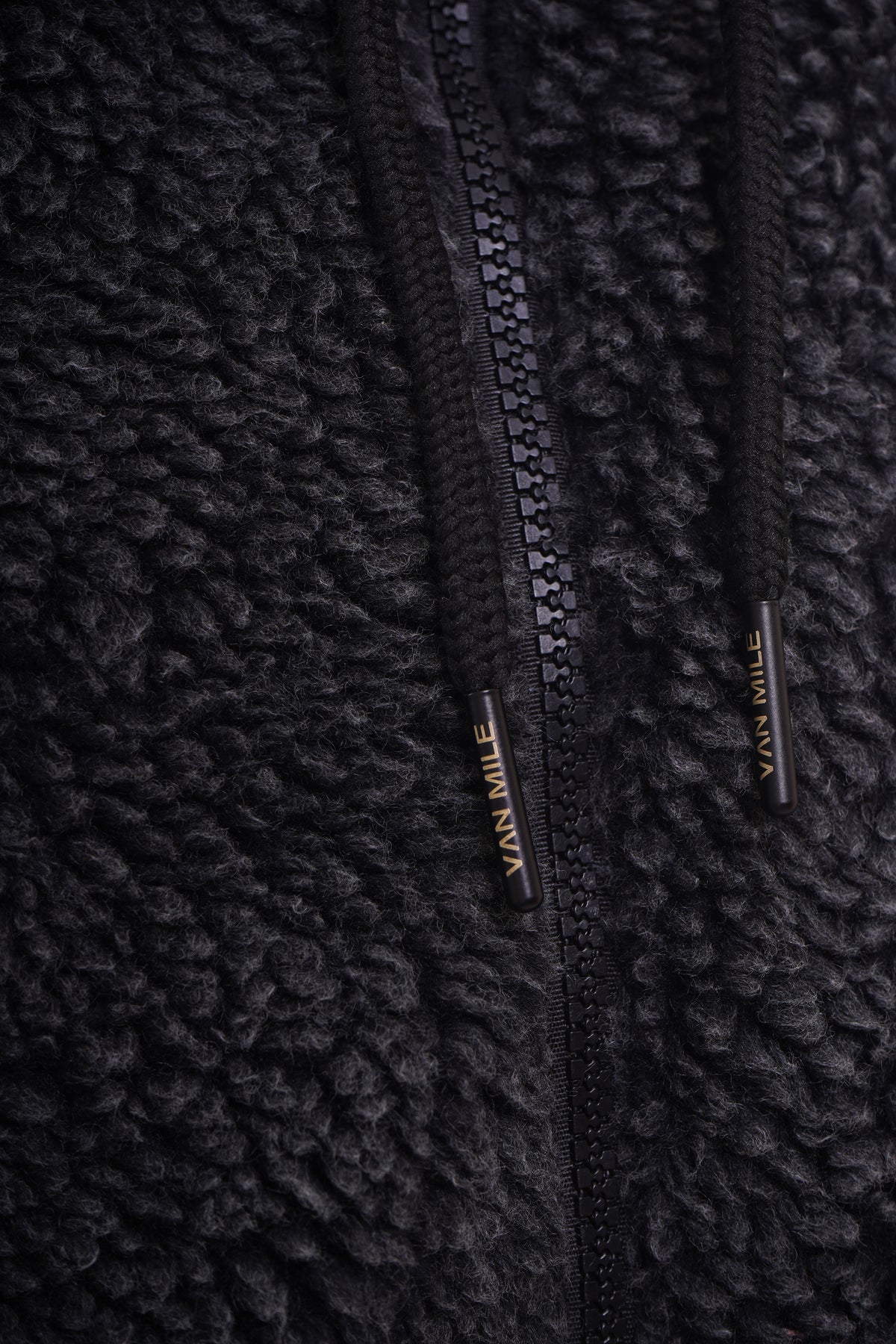 Men's VAN MILE LIMITED Edition Arctic Oversized Teddy Jacket in Black – zip and drawcord detail