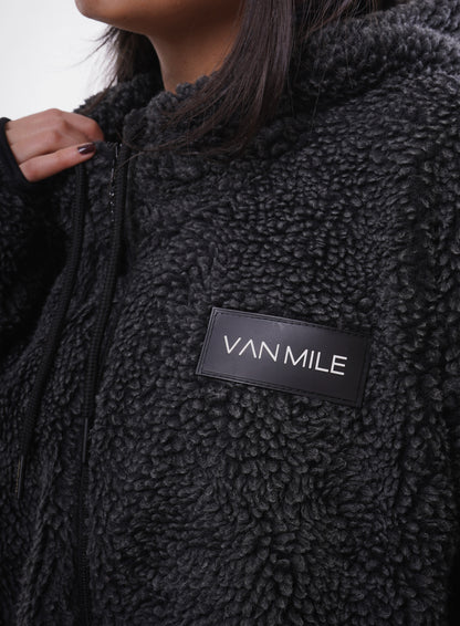 Women's VAN MILE LIMITED Edition Arctic Oversized Teddy Jacket in Black – chest logo patch detail