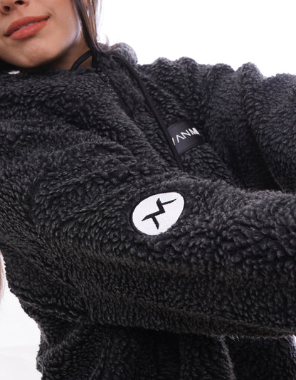 Women's VAN MILE LIMITED Edition Arctic Oversized Teddy Jacket in Black – sleeve logo patch detail