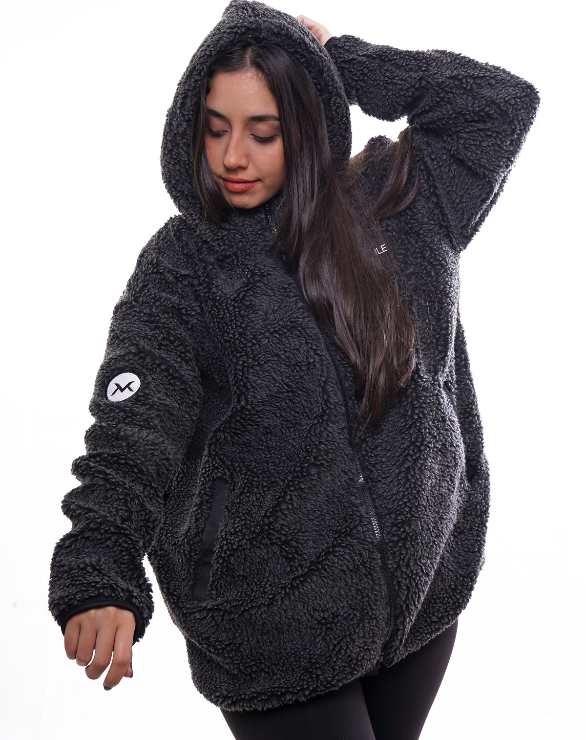 Women's VAN MILE LIMITED Edition Arctic Oversized Teddy Jacket in Black – side view, hood up
