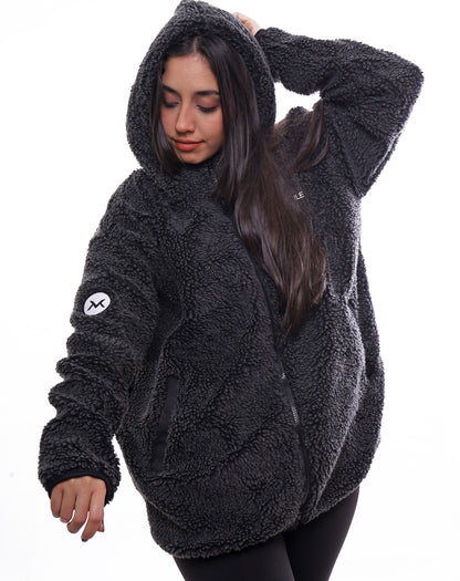 Women's VAN MILE LIMITED Edition Arctic Oversized Teddy Jacket in Black – side view, hood up