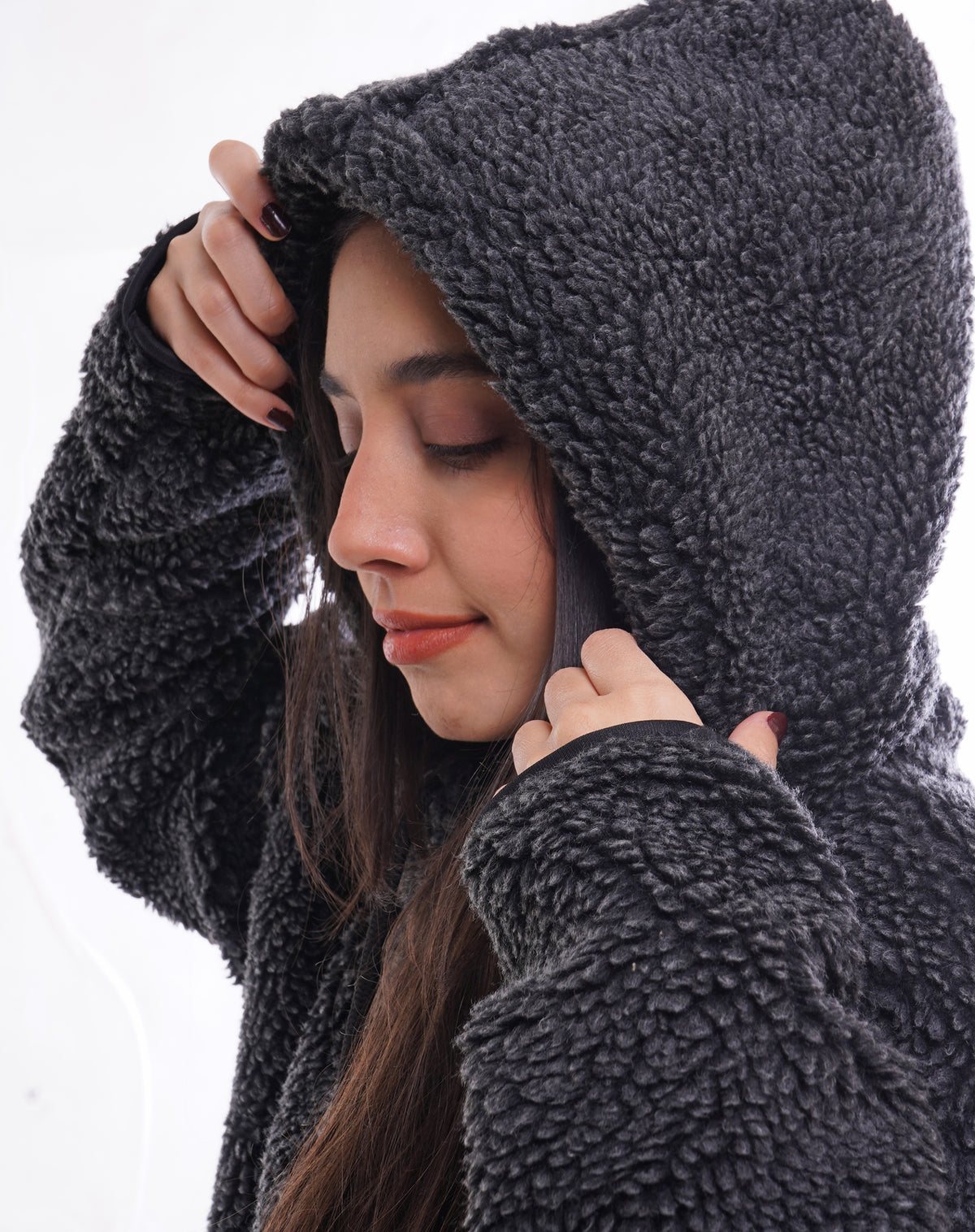 Women's VAN MILE LIMITED Edition Arctic Oversized Teddy Jacket in Black – hood up, close-up
