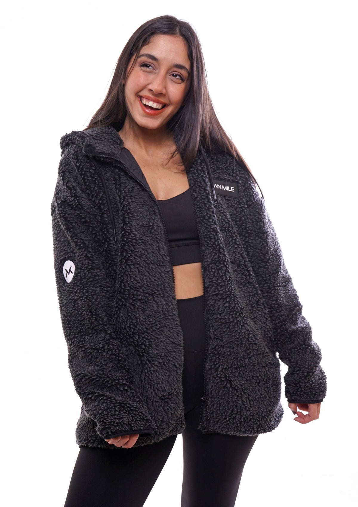 Women's VAN MILE LIMITED Edition Arctic Oversized Teddy Jacket in Black – front view, worn open