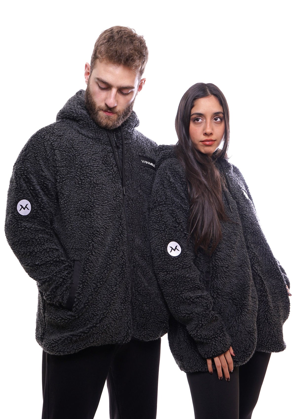 Men's VAN MILE LIMITED Edition Arctic Oversized Teddy Jacket in Black – front view, shown on two models