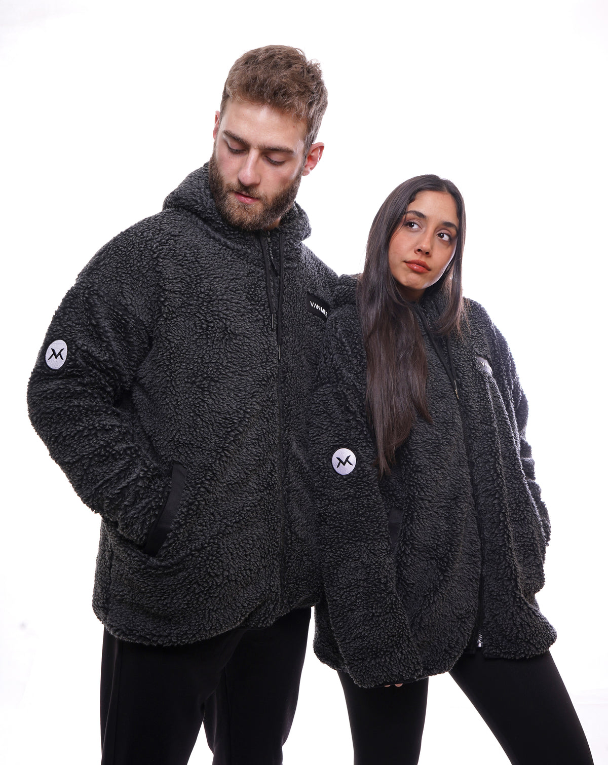 Women's VAN MILE LIMITED Edition Arctic Oversized Teddy Jacket in Black – front view, shown on two models