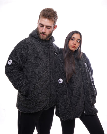 Women's VAN MILE LIMITED Edition Arctic Oversized Teddy Jacket in Black – front view, shown on two models