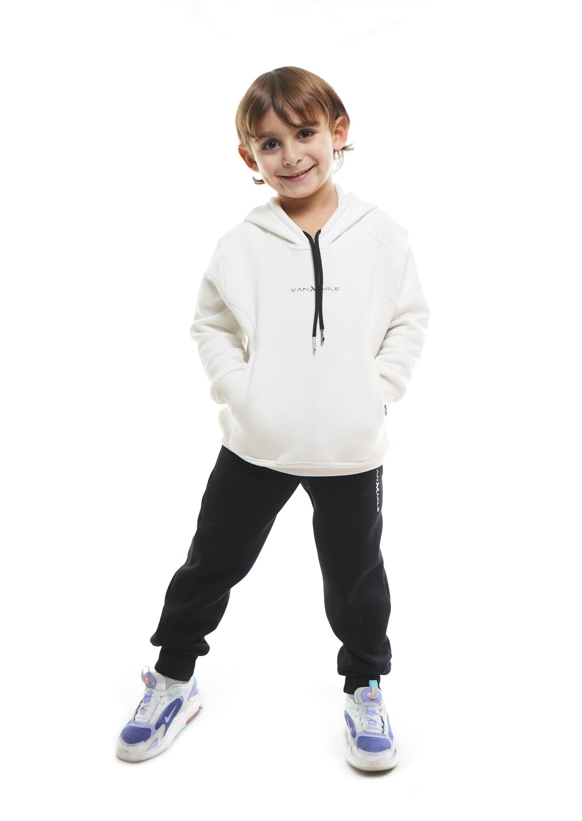 Kids' VAN MILE Everyday Kids Tracksuit in White – front view, top worn with black joggers