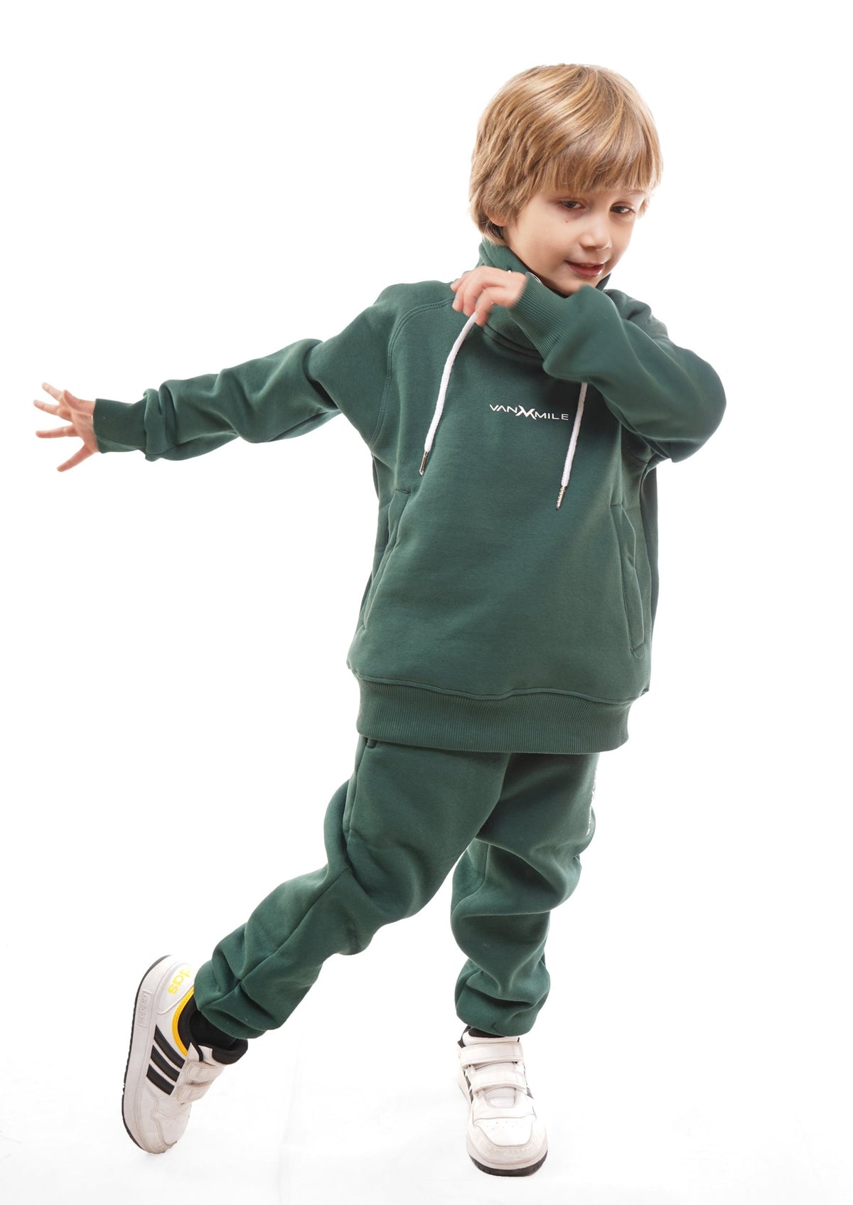Kids' VAN MILE Everyday Kids Tracksuit in Dark Green – front view, in motion