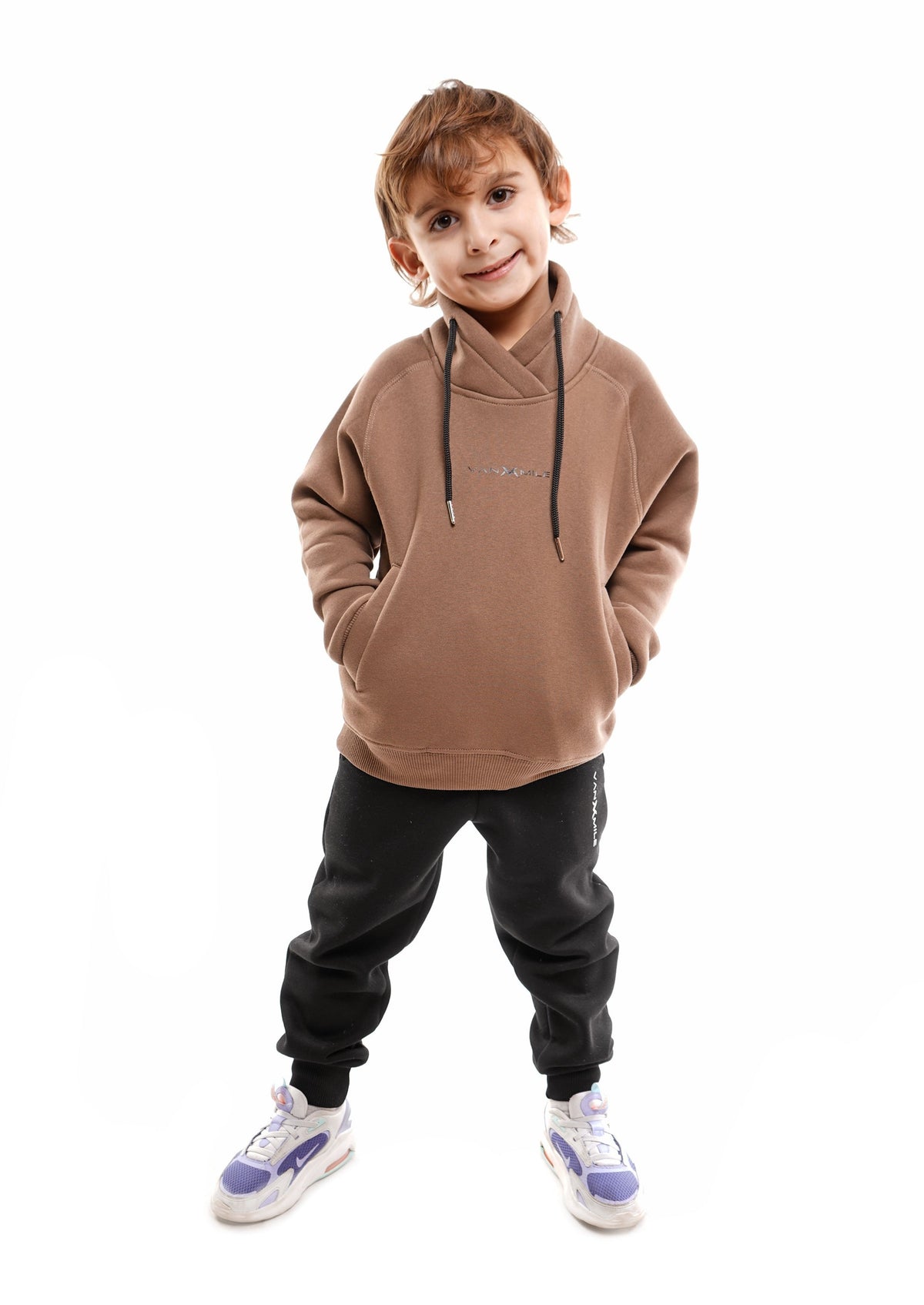 Kids' VAN MILE Everyday Kids Tracksuit in Brown – front view, top worn with black joggers