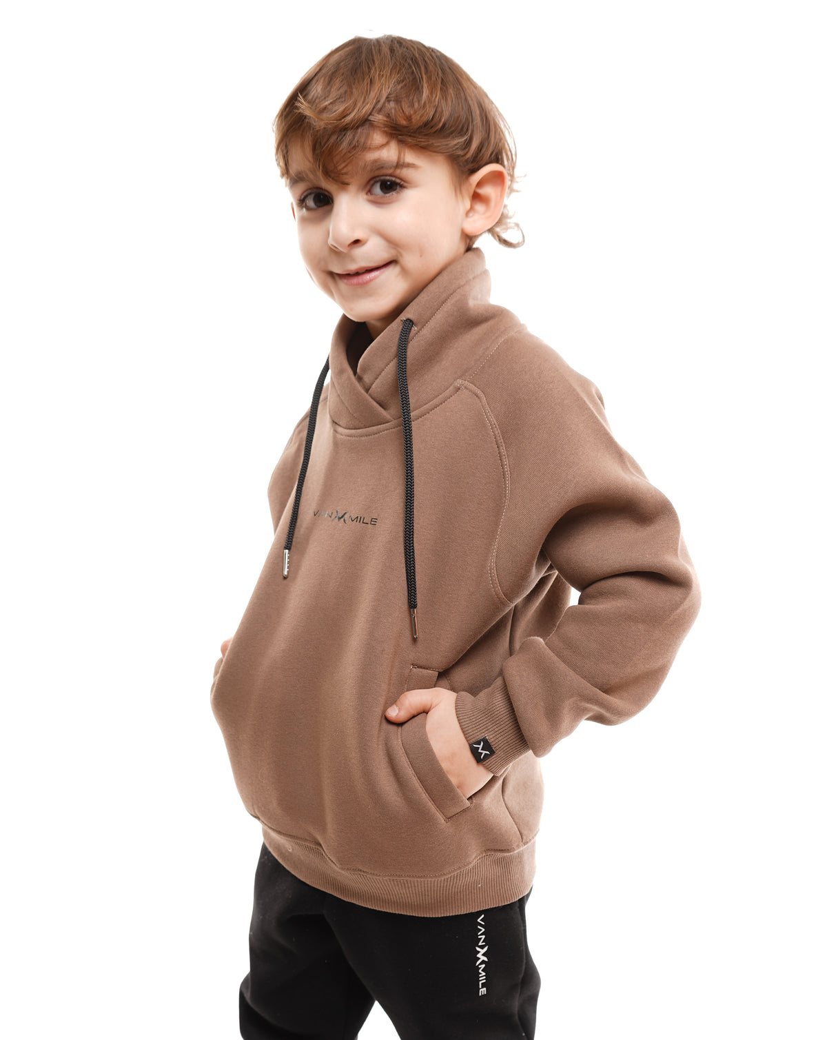 Kids' VAN MILE Everyday Kids Tracksuit in Brown – side view, top worn with black joggers