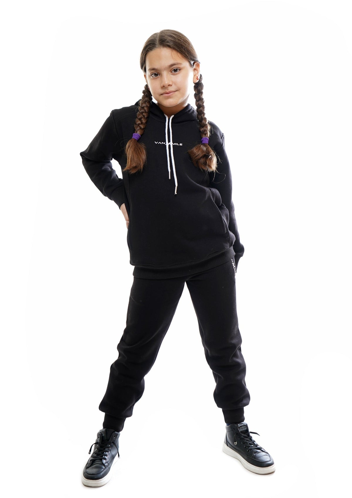 Kids' VAN MILE Everyday Kids Tracksuit in Black – full-length front view, worn by a girl