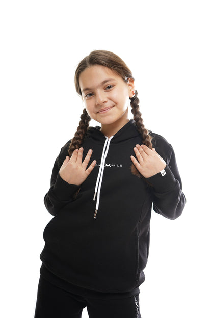 Kids' VAN MILE Everyday Kids Tracksuit in Black – upper-body front view, worn by a girl