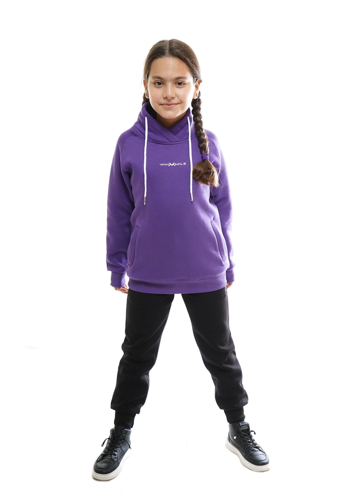 Kids' VAN MILE Everyday Kids Tracksuit in Purple – front view, top worn with dark joggers