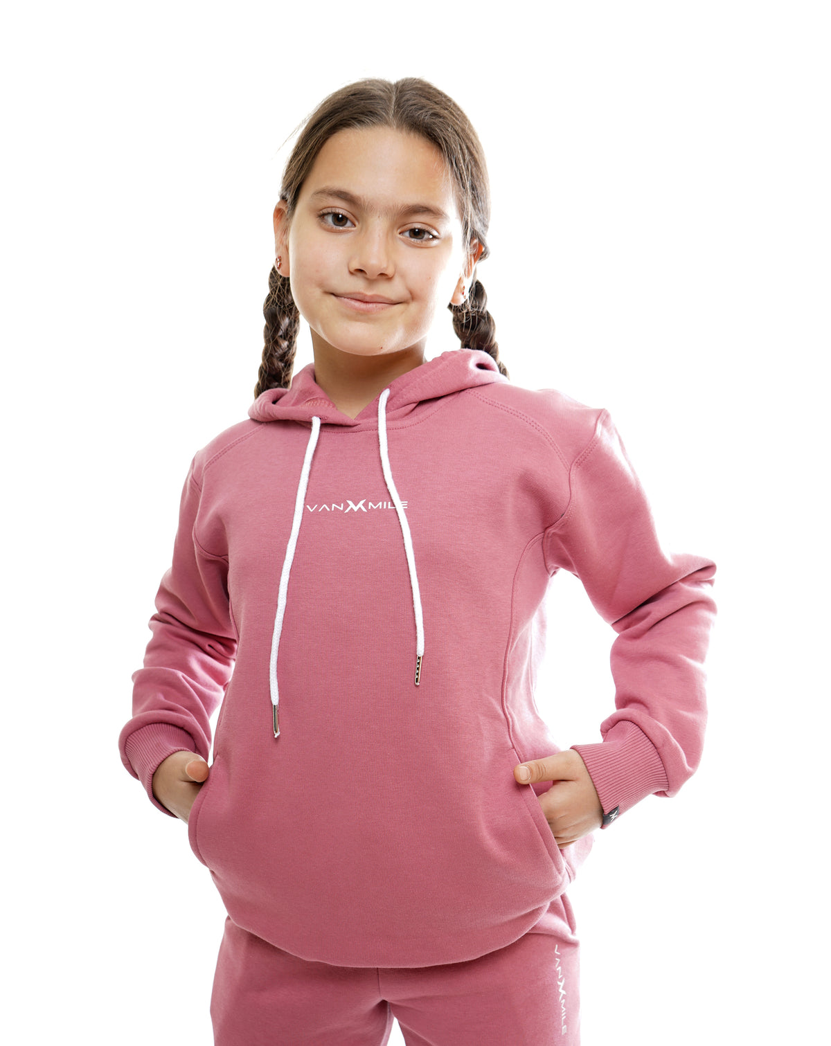 Kids' VAN MILE Everyday Kids Tracksuit in Dazzle Pink – upper-body front view
