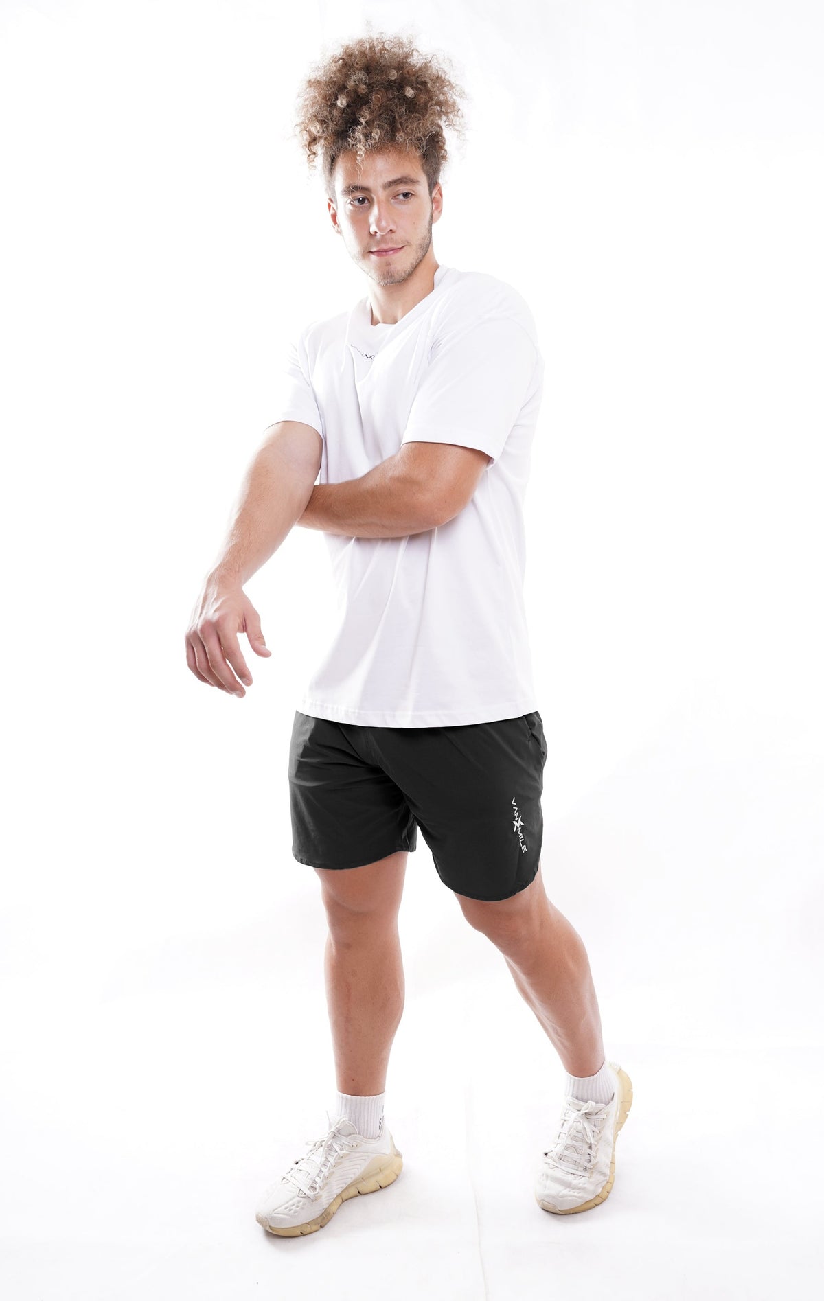 Men's VAN MILE Vibrant Shorts in Black – full outfit with a white T-shirt
