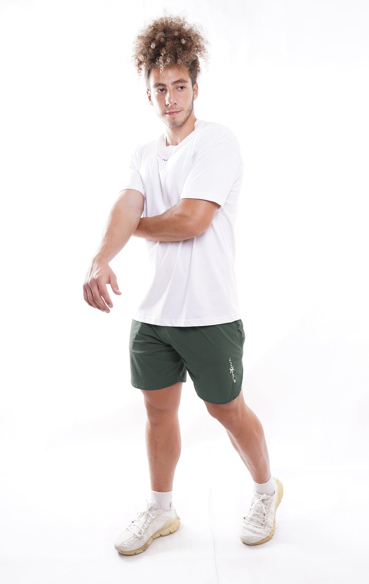 Men's VAN MILE Vibrant Shorts in Olive Green – full outfit with a white T-shirt