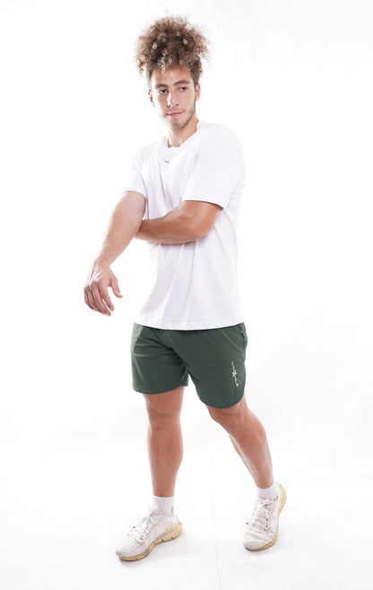 Men's VAN MILE Vibrant Shorts in Olive Green – full outfit with a white T-shirt