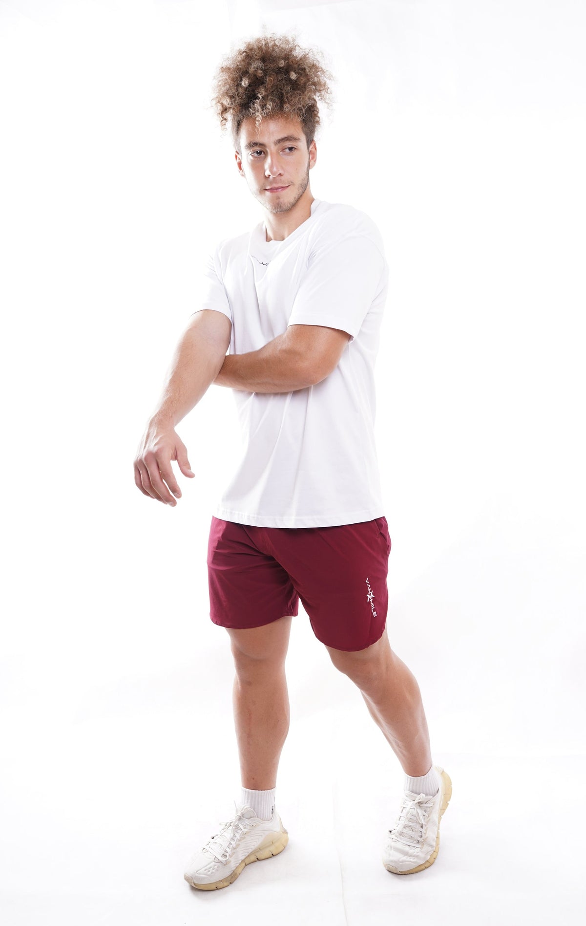 Men's VAN MILE Vibrant Shorts in Dark Red – full outfit with a white T-shirt