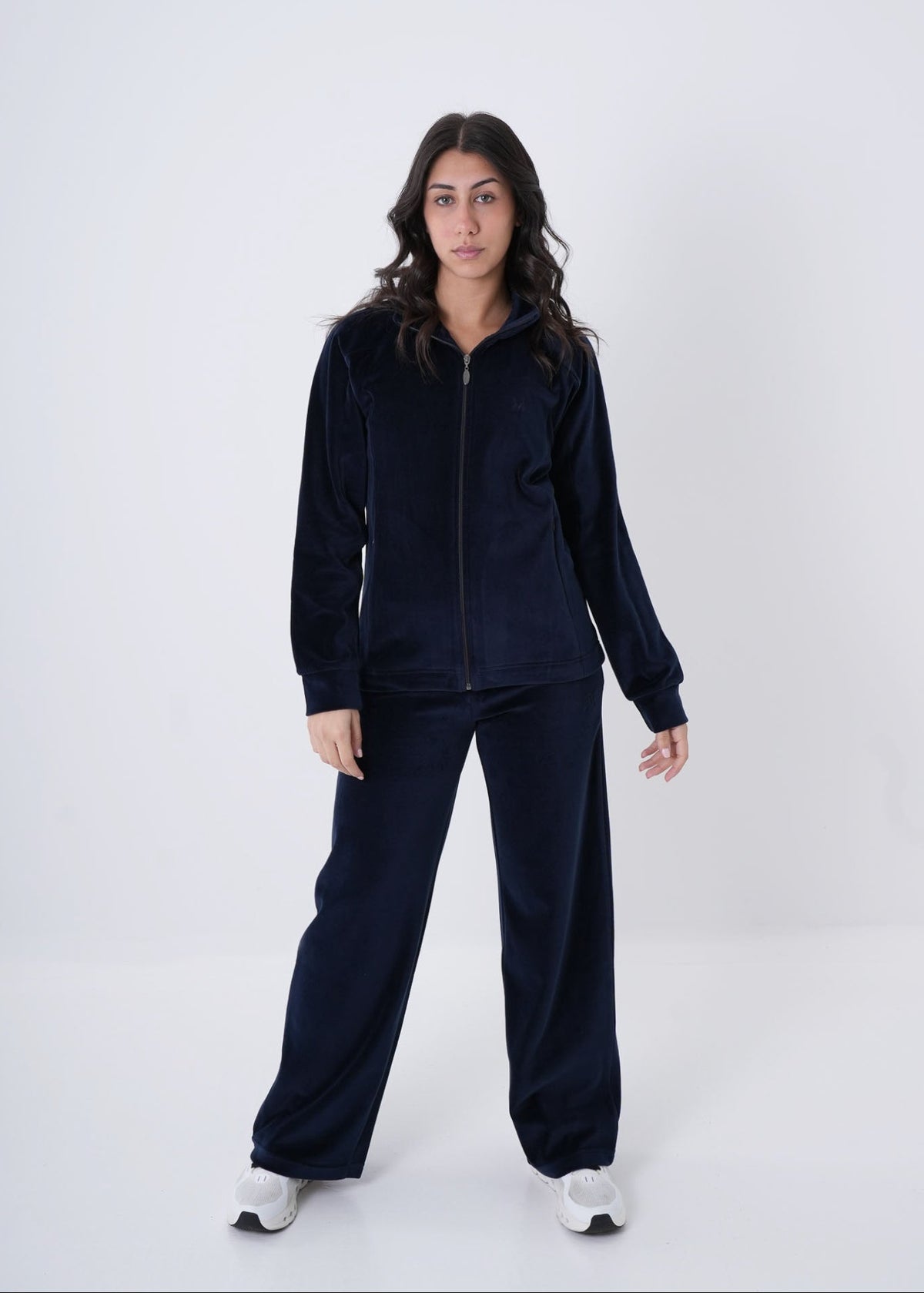 Women's VAN MILE Classic Velour Two-Piece Set in Navy – full-length front view