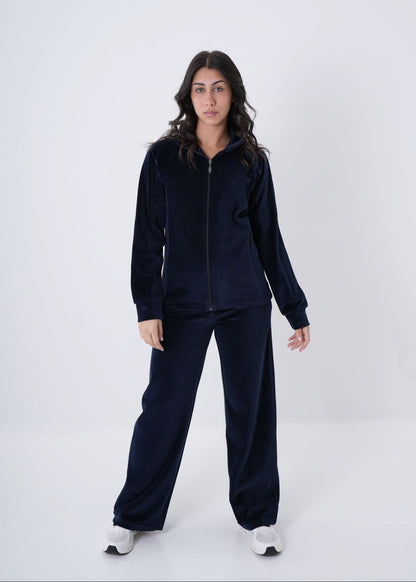 Women's VAN MILE Classic Velour Two-Piece Set in Navy – full-length front view