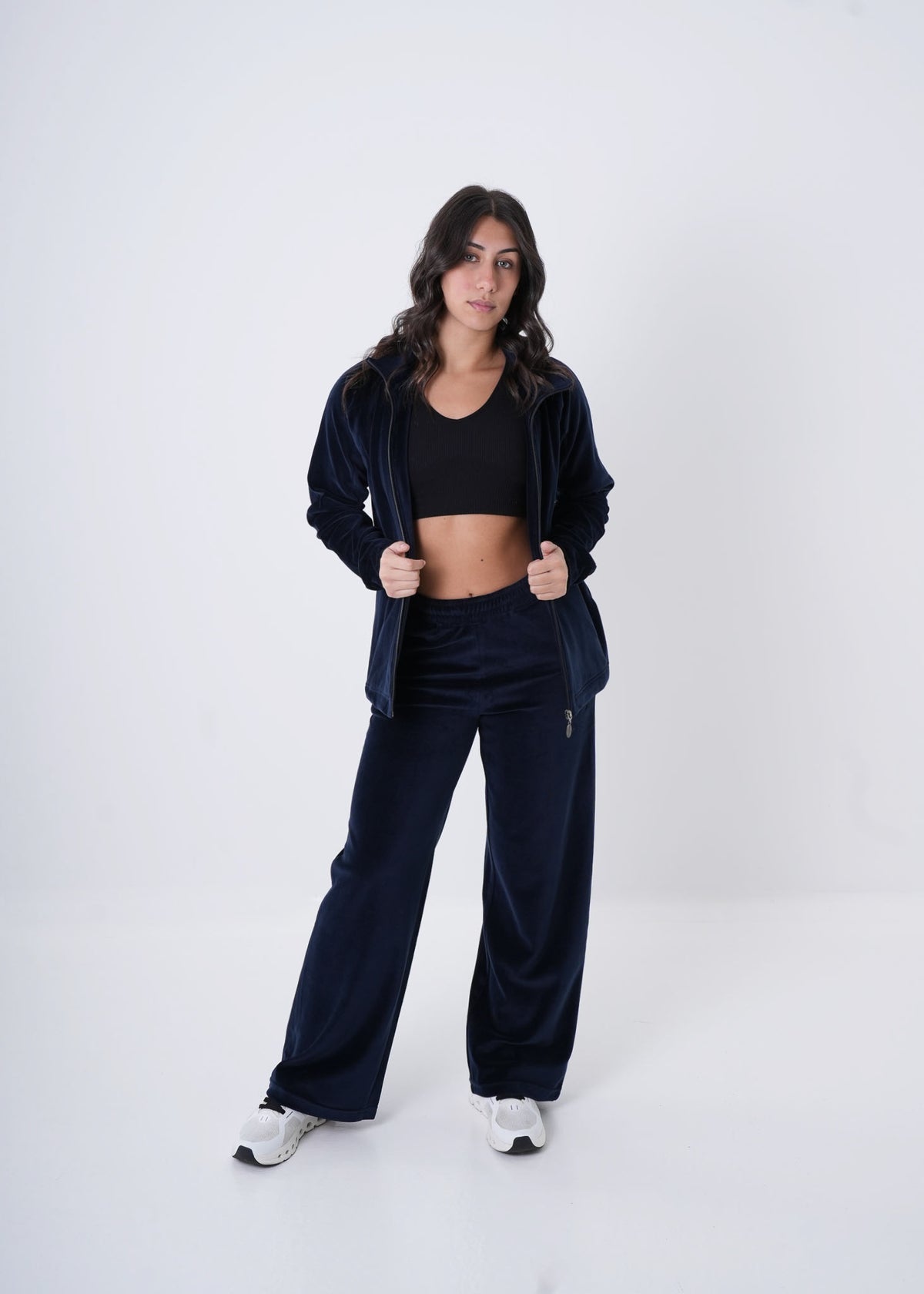 Women's VAN MILE Classic Velour Two-Piece Set in Navy – full-length front view, jacket worn open
