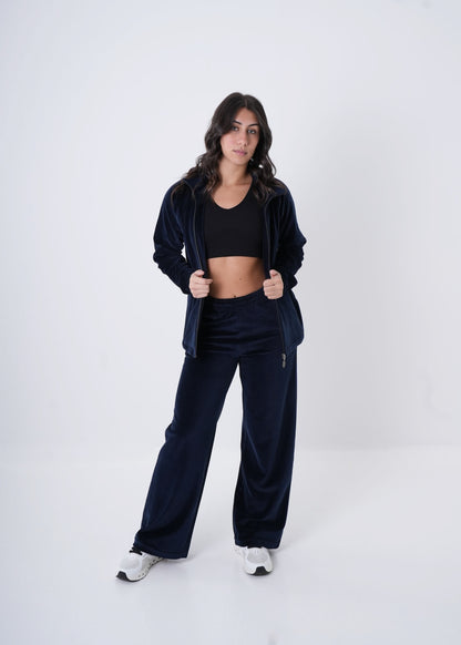 Women's VAN MILE Classic Velour Two-Piece Set in Navy – full-length front view, jacket worn open