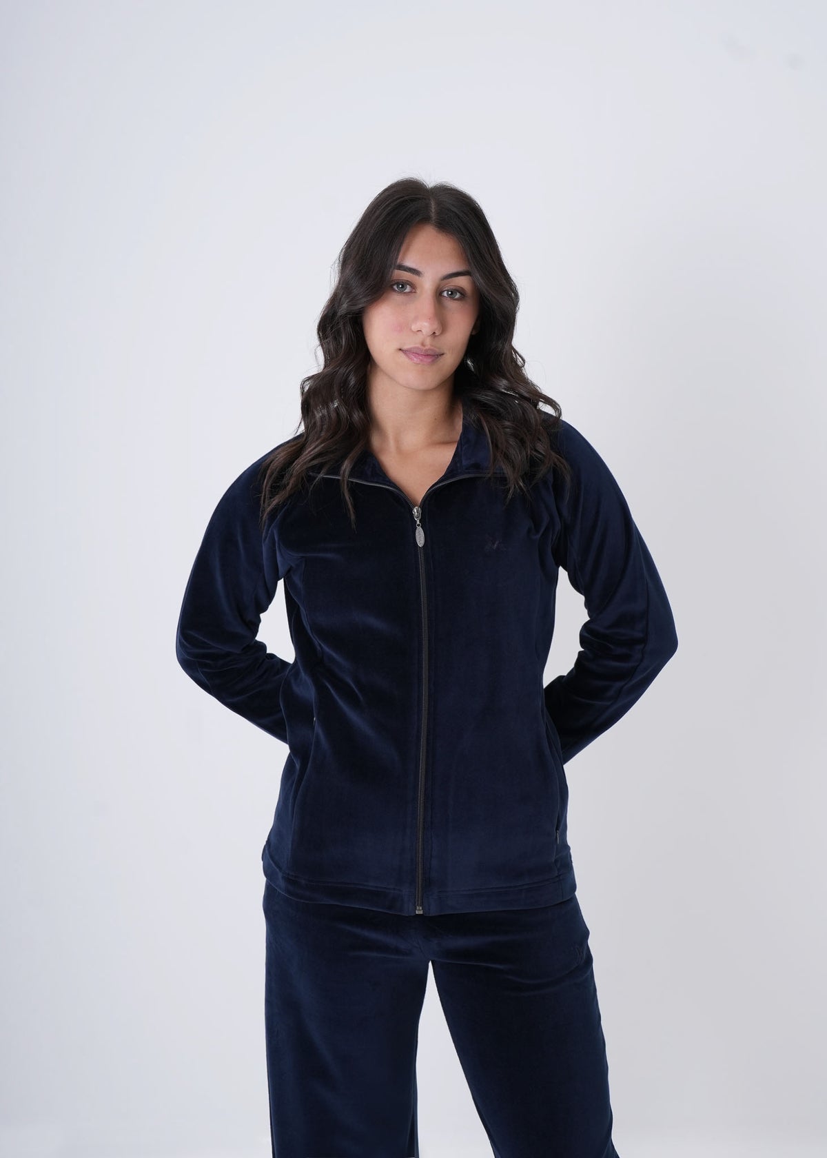 Women's VAN MILE Classic Velour Two-Piece Set in Navy – front view of the zipped jacket