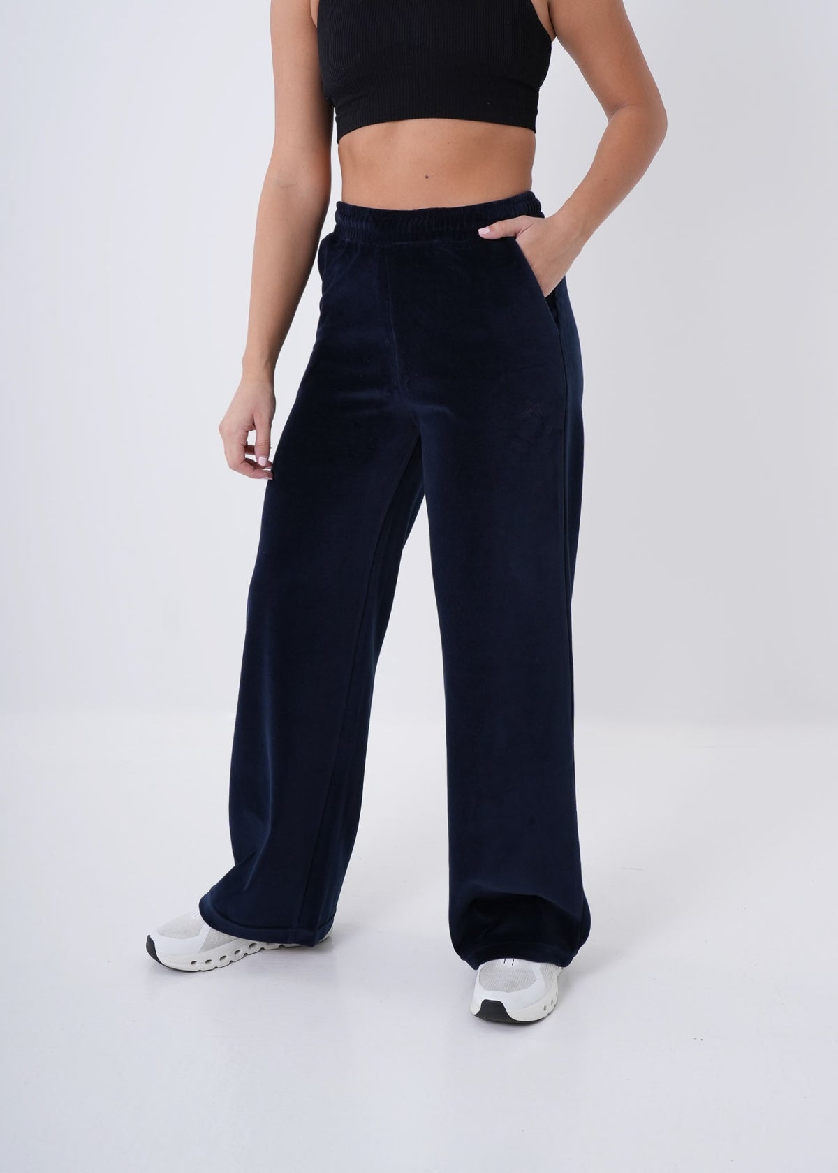 Women's VAN MILE Classic Velour Two-Piece Set in Navy – front view of the pants