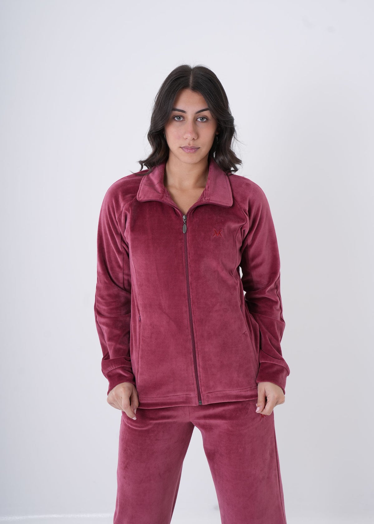 Women's VAN MILE Classic Velour Two-Piece Set in Ruby Red – front view of the jacket