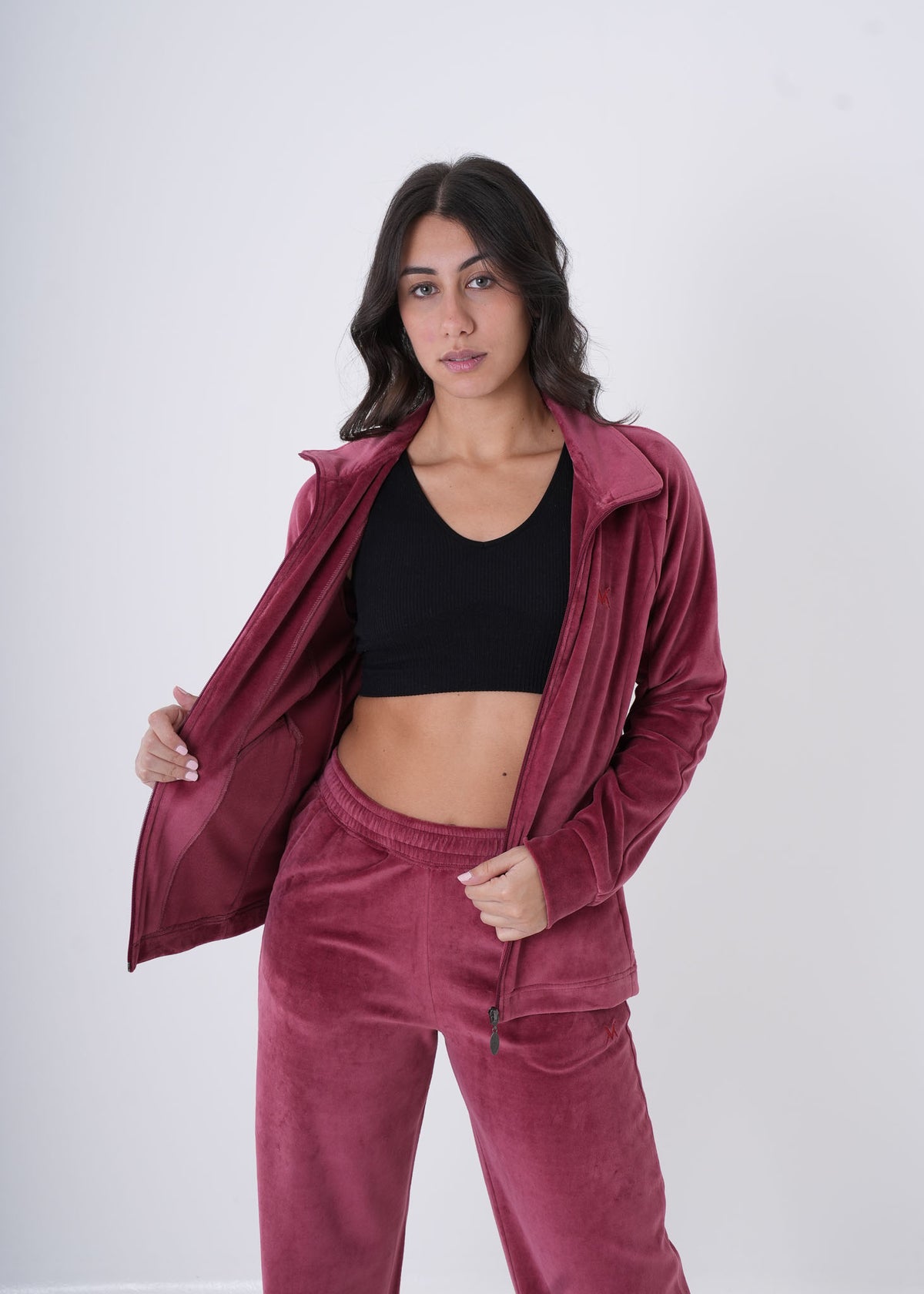 Women's VAN MILE Classic Velour Two-Piece Set in Ruby Red – jacket worn open, front view