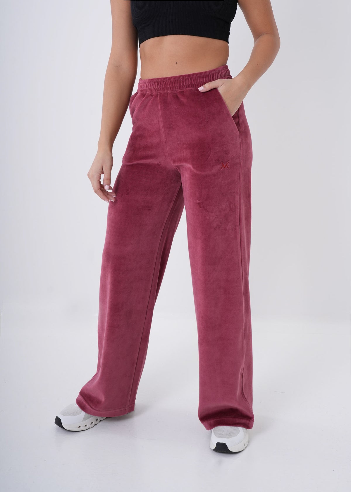 Women's VAN MILE Classic Velour Two-Piece Set in Ruby Red – front view of the wide-leg pants