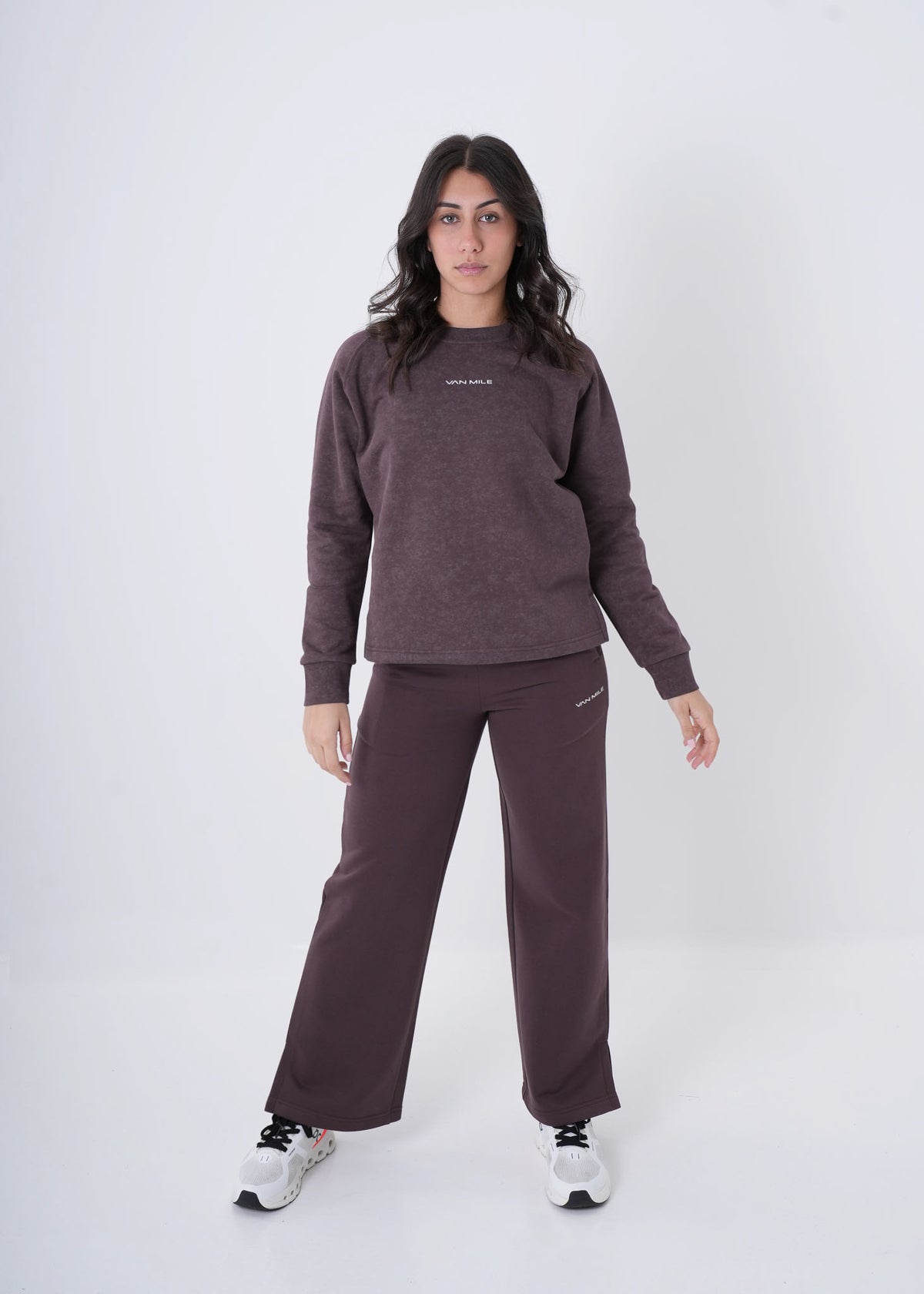 Women's VAN MILE VNML Flared Cotton Pant in Brown – full-length front view, shown with matching sweatshirt