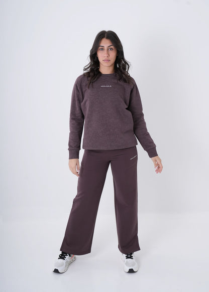 Women's VAN MILE VNML Flared Cotton Pant in Brown – full-length front view, shown with matching sweatshirt