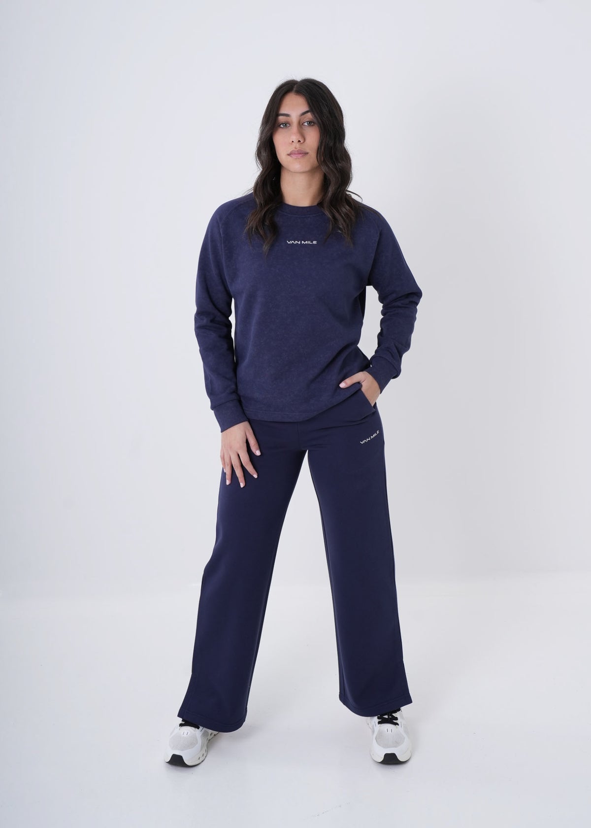Women's VAN MILE VNML Printed Sweatshirt in Navy – full-length front view, shown with matching pants
