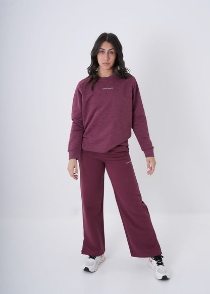 Women's VAN MILE VNML Flared Cotton Pant in Burgundy – full-length front view, shown with matching sweatshirt