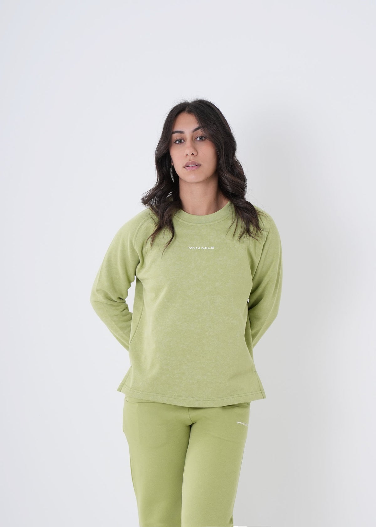 Women's VAN MILE VNML Printed Sweatshirt in Lime Green – front view, hands behind back