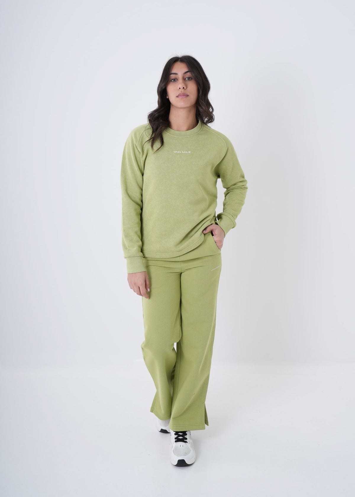 Women's VAN MILE VNML Printed Sweatshirt in Lime Green – full-length front view, shown with matching pants
