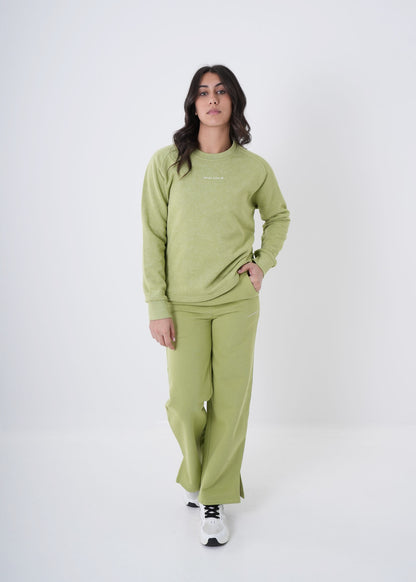 Women's VAN MILE VNML Printed Sweatshirt in Lime Green – full-length front view, shown with matching pants