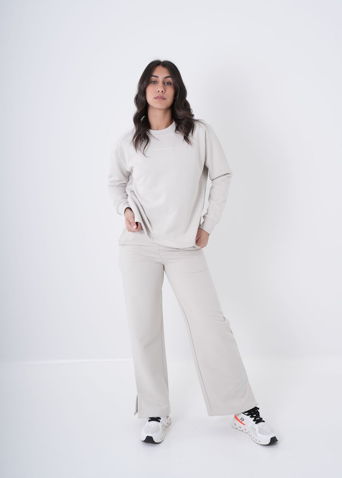 Women's VAN MILE VNML Printed Sweatshirt in Beige – front view, shown with matching flared pants