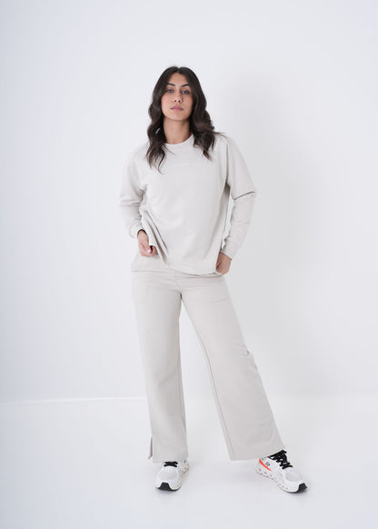 Women's VAN MILE VNML Printed Sweatshirt in Beige – front view, shown with matching flared pants