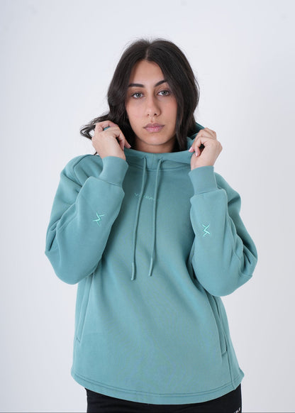 Women's VAN MILE VNML Hoodie in Turquoise – front view, holding the hood