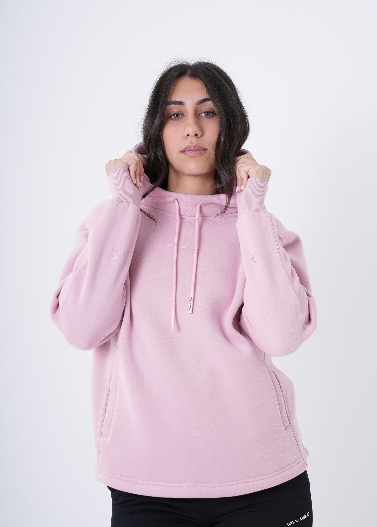 Women's VAN MILE VNML Hoodie in Pink – front view, holding the hood